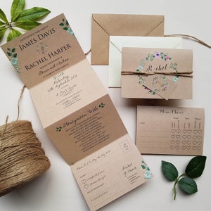 Rustic Wedding Invitation Set  With tags, Rustic Twine & Choice of Envelopes - Concertina Trifold Floral Luxury Wedding Invites