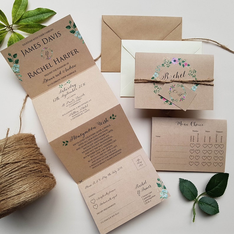 Rustic Wedding Invitation Set With tags, Rustic Twine & Choice of Envelopes - Concertina Floral Wedding Invites 