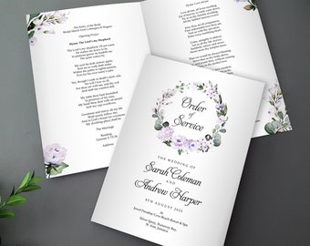 Lilac Order of Service for Weddings | Order of the Day | A4 folded to A5 Wedding Programmes or booklets