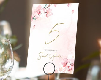 Cherry Blossom Pink Table Numbers or Table Names | Any Colour Font | A5 double sided cards | Weddings | Dinner or Gala Event