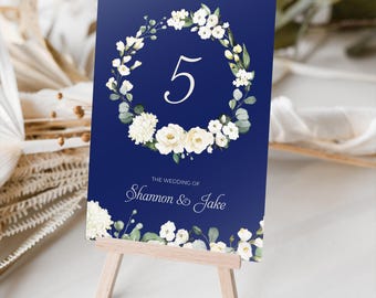 Blue White Floral Table Numbers or Table Names | Any Colour Font | A5 double sided cards | Weddings | Dinner or Gala Event