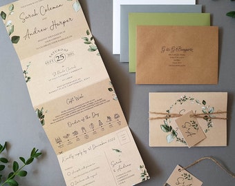 Eucalyptus Wreath Wedding Invitation Set  - Concertina Trifold Botanical Luxury Wedding Invites With Tags, Rustic Twine & Envelopes