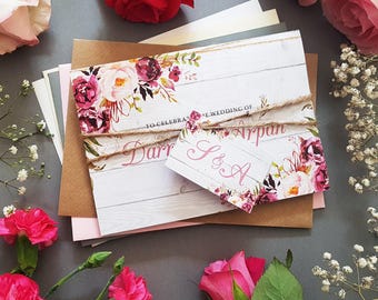 Blush on Wood Wedding Invitation Set With Tags, Rustic Twine and Envelopes - Concertina Trifold Luxury Wedding Invites