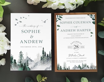 Forest Wedding Invitation Set or Evening Invitation, Reception Invites Including Envelopes, Woodland A6 Flat Card Wedding Invites