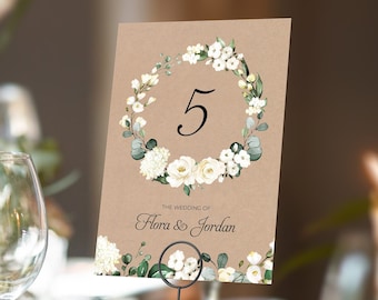 White Floral Kraft Table Numbers or Table Names | Any Colour Font | A5 double sided cards | Weddings | Dinner or Gala Event
