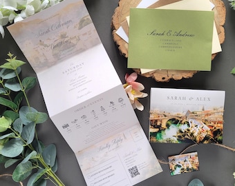 Watercolour Wedding Invitation with FREE envelopes, YOUR IMAGE Wedding Venue, Sketch Illustration Painting Concertina Wedding Invites