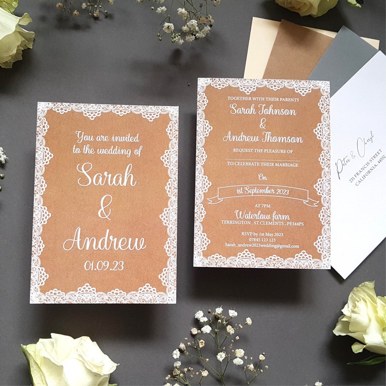 Rustic Wedding Invitation Set Personalised Wedding Invites With Envelopes Lace on Hessian Wedding Invites image 6