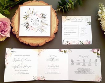 Wedding Invitation Set  With Envelopes & RSVP Card Featuring Blush Pink, White and Blue. Trifold Luxury Wedding Invites or Evening Reception
