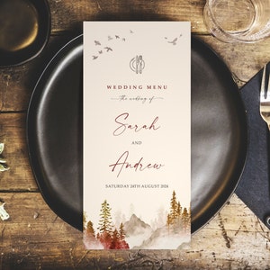 Herbstliche Hochzeitsmenüs - Wald Personalisierte Hochzeitsmenüs für den Veranstaltungsort - Wald DL-Größe Menüs - Hochzeitstischdekoration