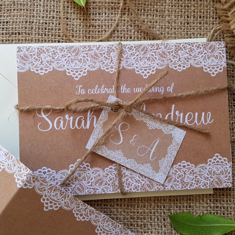 Rustic Wedding Invitation Set Personalised Wedding Invites With Envelopes Lace on Hessian Wedding Invites image 2