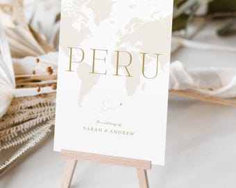 Passport World Map Table Numbers or Table Names | Gold or Any Colour Font | A5 double sided cards | Weddings | Dinner or Gala Event