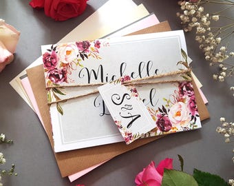 Grey Blush Wedding Invitation Set - Concertina Trifold Wedding Invites With Tags, Rustic Twine & Envelopes