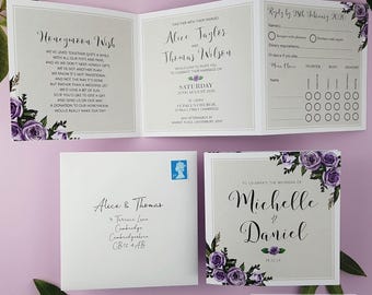 Lilac Floral Luxury Wedding Invites With Envelopes, Trifold Wedding Invitation Set  or Reception Invites, Wedding Stationery