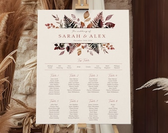 Burgundy Wedding Seating Chart, A1, A2 Personalised Wedding Table Plan, Autumn Wedding Decor, Wedding Gift, Table Planner, Seating Chart