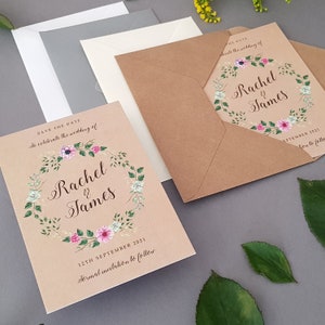 Rustic Wreath Save the Date Cards o Save the Evening o Weekend con buste - Qualsiasi colore o messaggio - Floral Save the Dates