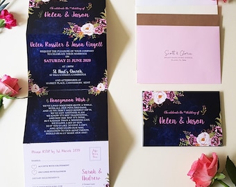 Pink Blue Wedding Invitation Set - Geometric Wedding Invitation Set - Wedding Invites Or Reception Invitation With Envelopes