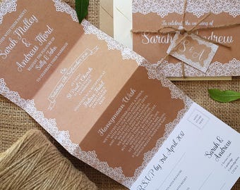 Rustic Wedding Invitation Set  - Personalised Wedding Invites  With Envelopes - Lace on Hessian Wedding Invites