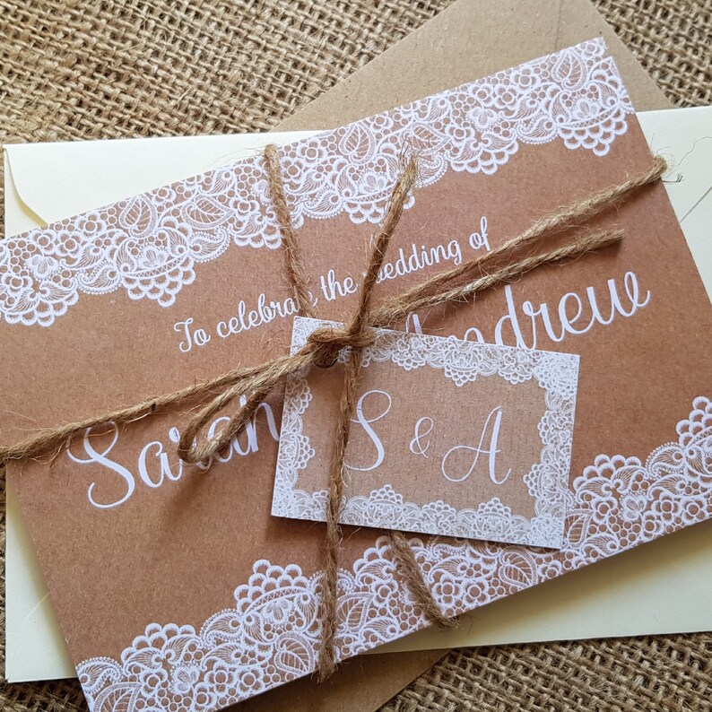 Rustic Wedding Invitation Set Personalised Wedding Invites With Envelopes Lace on Hessian Wedding Invites image 4