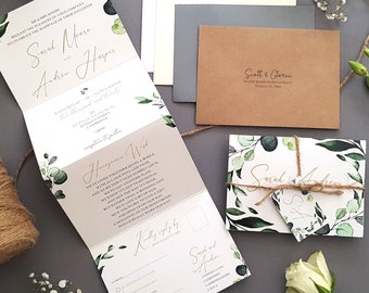 Eucalyptus Wedding Invitation Set  - Greenery Concertina Trifold Luxury Wedding Invites With Tags, Rustic Twine & Choice of Envelopes