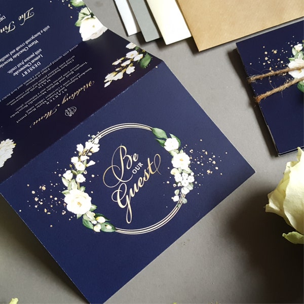 Fairytale Wedding Invitation Set  -  Disney Be Our Guest Concertina Trifold In Blue, White & Gold - With Tag, Rustic Twine + Envelopes