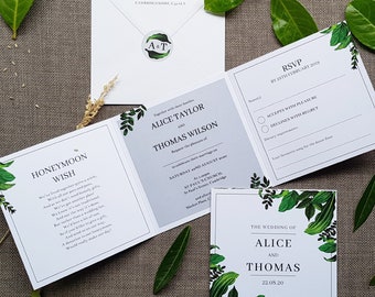 Botanical Wedding Invitation Set  With Envelopes & Can Include Menu Choices - Leafy Luxury Wedding Invites Or Evening Invitation