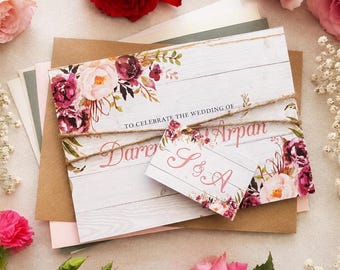 Blush on Wood Wedding Invitation Set With Tags, Rustic Twine and Envelopes - Concertina Trifold Luxury Wedding Invites