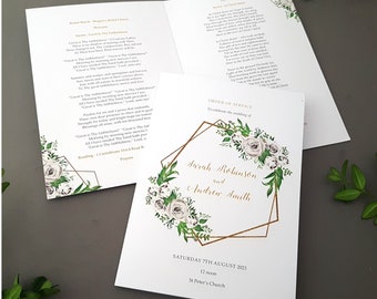 White Floral Gold Order of Service for Weddings | Order of the Day | A4 folded to A5 Wedding Programmes or booklets
