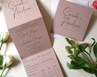 Kraft Script Wedding Invitation Set  - Concertina Trifold Luxury Wedding Invites - Calligraphy Script Luxury Wedding Invites with Envelopes