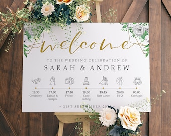 Order of the Day Wedding Welcome Sign in Any Colour, A1, A2 Personalised Wedding Signs, Welcome Wedding Board, White Gold Wedding Sign