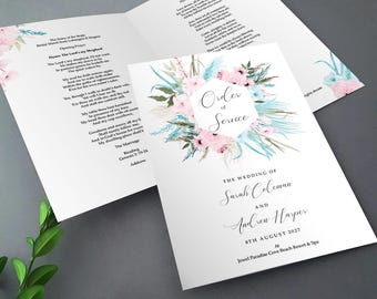 Boho Pink Blue Order of Service  | Order of the Day | Wedding Programmes
