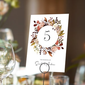 Números de mesa Boho Outono Outono ou nomes de mesa | Qualquer fonte colorida | Cartões A5 frente e verso | Casamentos | Jantar ou evento de gala