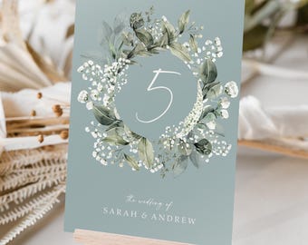 Baby's Breath Table numbers / Table Names in Aqua | Any Colour Font |  Gypsophila A5 | Weddings | Dinner or Gala Event