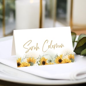 Tarjetas de lugar para bodas con girasoles / Impresión de nombres de invitados incluida + Opciones de menú / Configuración de lugares para bodas / Fuente de cualquier color / Tarjetas de lugar con nombres