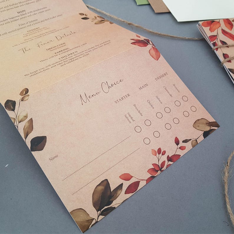 Rustic Autumn Fall Wedding Invitation Set , Eucalyptus Concertina Trifold Luxury Wedding Invites With Personalised Tag, Twine & Envelopes image 8