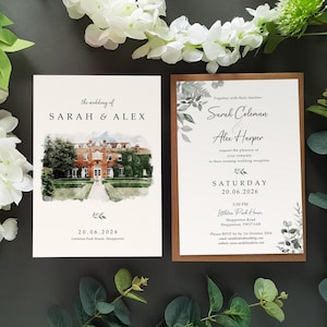 Watercolour Wedding Invitation with Envelopes | YOUR IMAGE - Venue transformed to Watercolour | Sketch Illustration