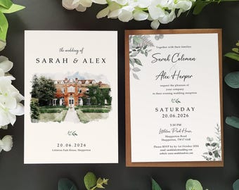 Watercolour Wedding Invitation with Envelopes | YOUR IMAGE - Venue transformed to Watercolour | Sketch Illustration