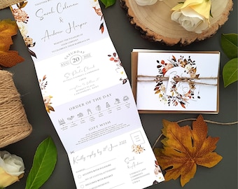 Boho Autumn Fall Wedding Invitation Set  With Tags, Rustic Twine & Envelopes - Luxury Fall Bohemian Floral Rustic Concertina Trifold