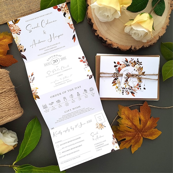 Conjunto de invitación de boda de otoño boho con etiquetas, cordel rústico y sobres - Concertina rústica floral boho de otoño de lujo triple