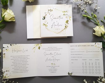 White Gold Wedding Invitation Set  - Trifold Wedding Invites With Choice of Free Envelopes - Folded White Floral and Gold Wedding Invites