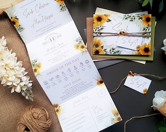 Sunflower Wedding Invitation Set - Concertina Trifold Luxury Wedding Invites With Tags, Rustic Twine & Choice of Envelopes With Greenery