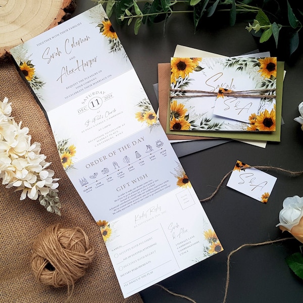 Sunflower Wedding Invitation Set - Concertina Trifold Luxury Wedding Invites With Tags, Rustic Twine & Choice of Envelopes With Greenery