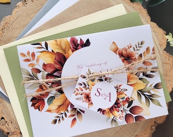 Autumn Wedding Invitations with personalised Tags, Rustic Twine & Envelopes - Luxury Orange Red Eucalyptus Fall Concertina wedding invites