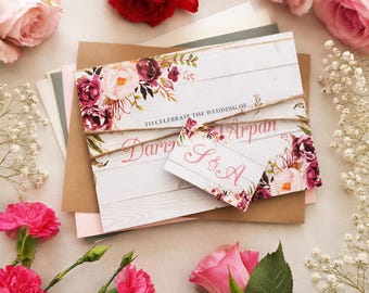 Blush Wedding Invitation Set on Wood  - Rustic Luxury Wedding Invites - Luxury Wedding Invites Or Reception Invitation With Envelopes