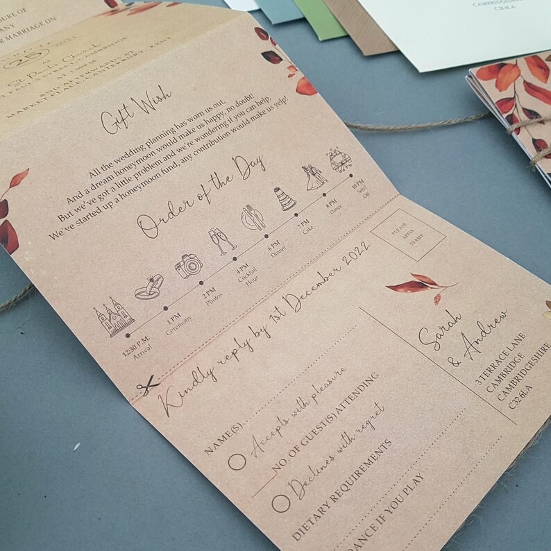 Rustic Autumn Fall Wedding Invitation Set , Eucalyptus Concertina Trifold Luxury Wedding Invites With Personalised Tag, Twine & Envelopes image 7