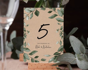 Eucalyptus Kraft Greenery Table numbers or Table Names | Any Colour Font | A5 double sided cards | Weddings | Dinner or Gala Event