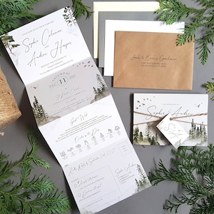 Misty forest wedding invitations include woodland mountain theme menu, menu choices, gift wish, rsvp and other finer details.