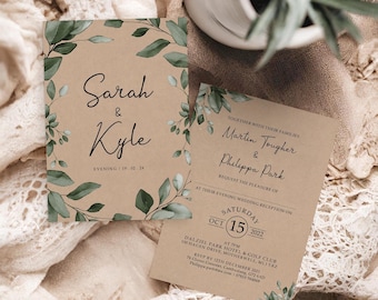 Rustic Eucalyptus Invitation Set or Evening Invitation, Reception Invites Including Envelopes, A6 Flat Card Wedding Invites