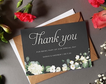 White Floral Wedding Thank You Cards With Envelopes - Any Thank You Message or Weddng Favour Message