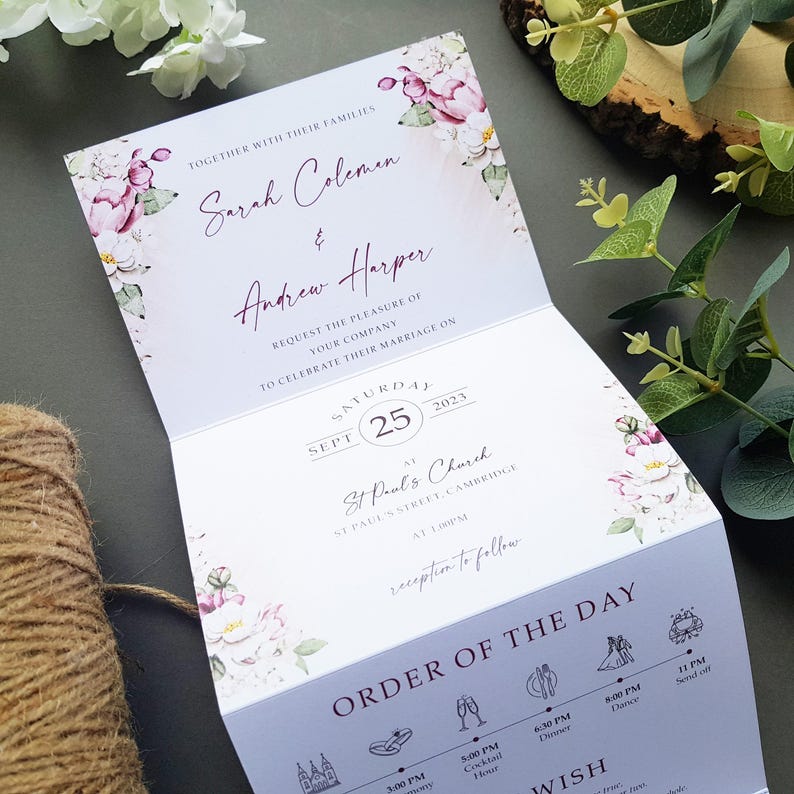 Pink Wedding Invitation Set - Fuchsia Eucalyptus Concertina Trifold ...