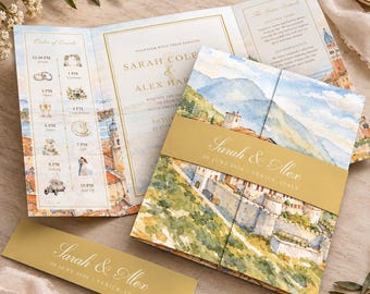 Personalised Watercolour Wedding Invitations | Your Own Images Transformed | Travel Illustration Gatefold (A5)